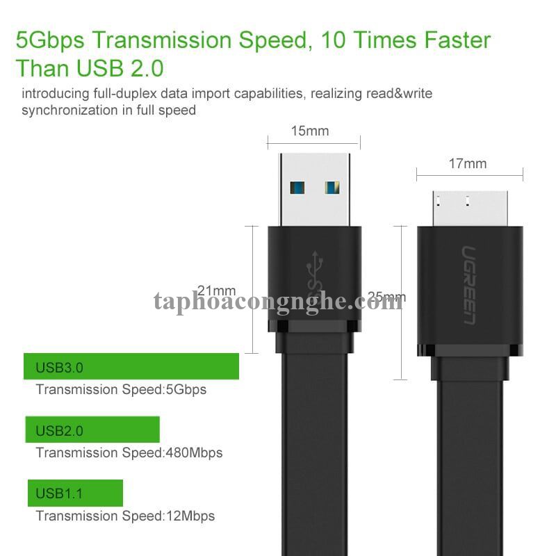 Ugreen 10853 0.5M màu Đen Cáp USB 3.0 sang MICRO USB 3.0 cho ổ cứng dáng dẹt US130 30010853